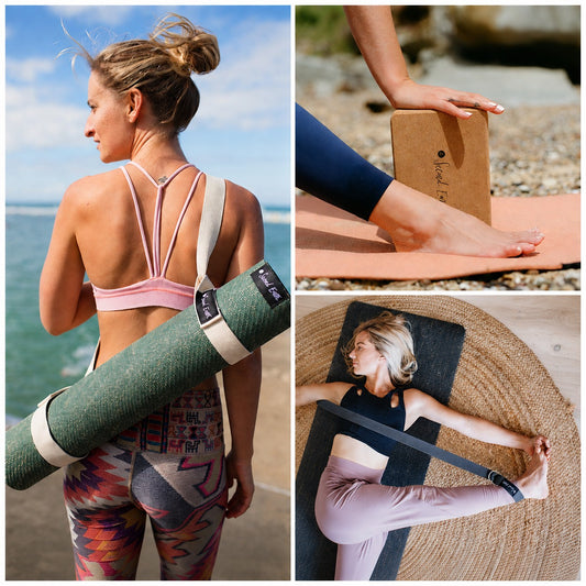 A four-panel collage showcasing a yoga accessory set in use. The left panel shows a woman from behind on a beach, carrying a rolled green yoga mat over her shoulder in a beige crossbody bag with a black Second Earth logo.