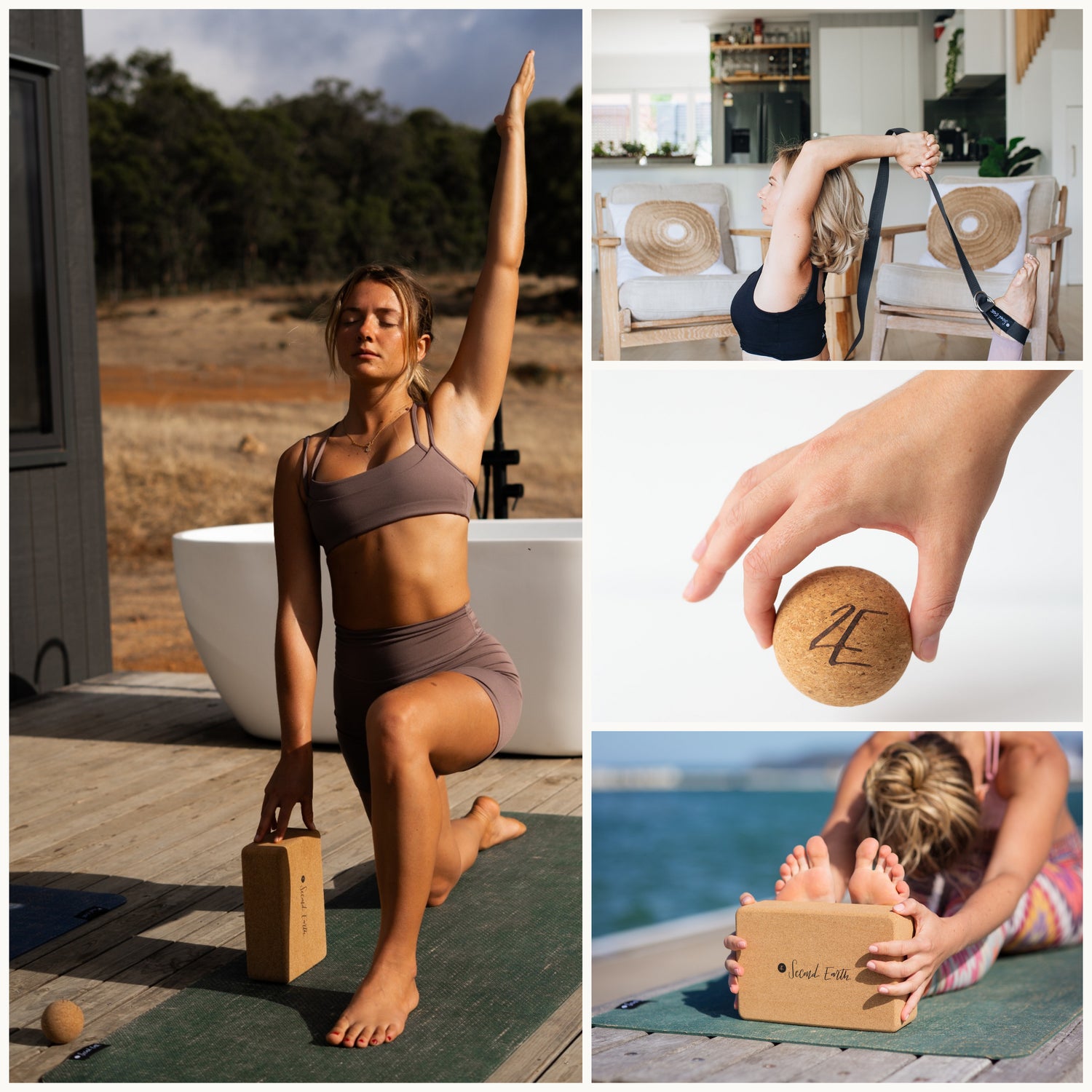 A collage showing a woman using cork yoga blocks and a yoga strap in outdoor and indoor settings. One panel shows her kneeling on a yoga mat with one arm raised, holding a cork block.