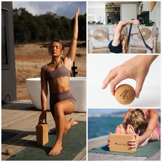 A collage showing a woman using cork yoga blocks and a yoga strap in outdoor and indoor settings. One panel shows her kneeling on a yoga mat with one arm raised, holding a cork block.