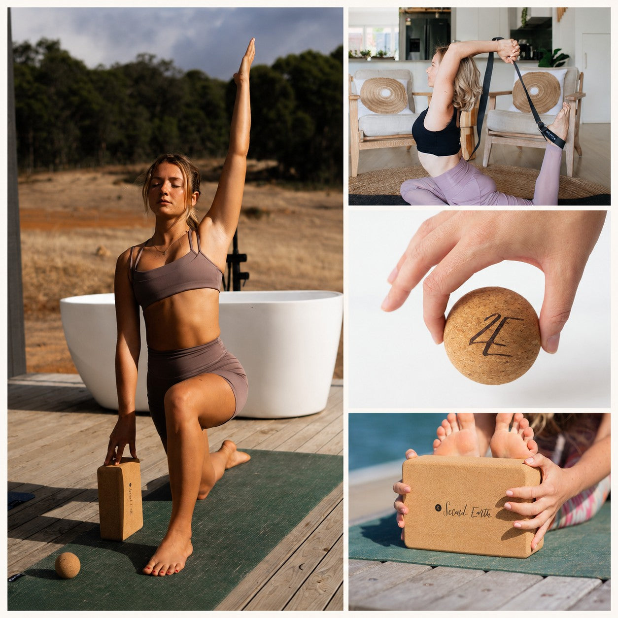 A collage showing a woman using cork yoga blocks and a yoga strap in outdoor and indoor settings. One panel shows her kneeling on a yoga mat with one arm raised, holding a cork block.