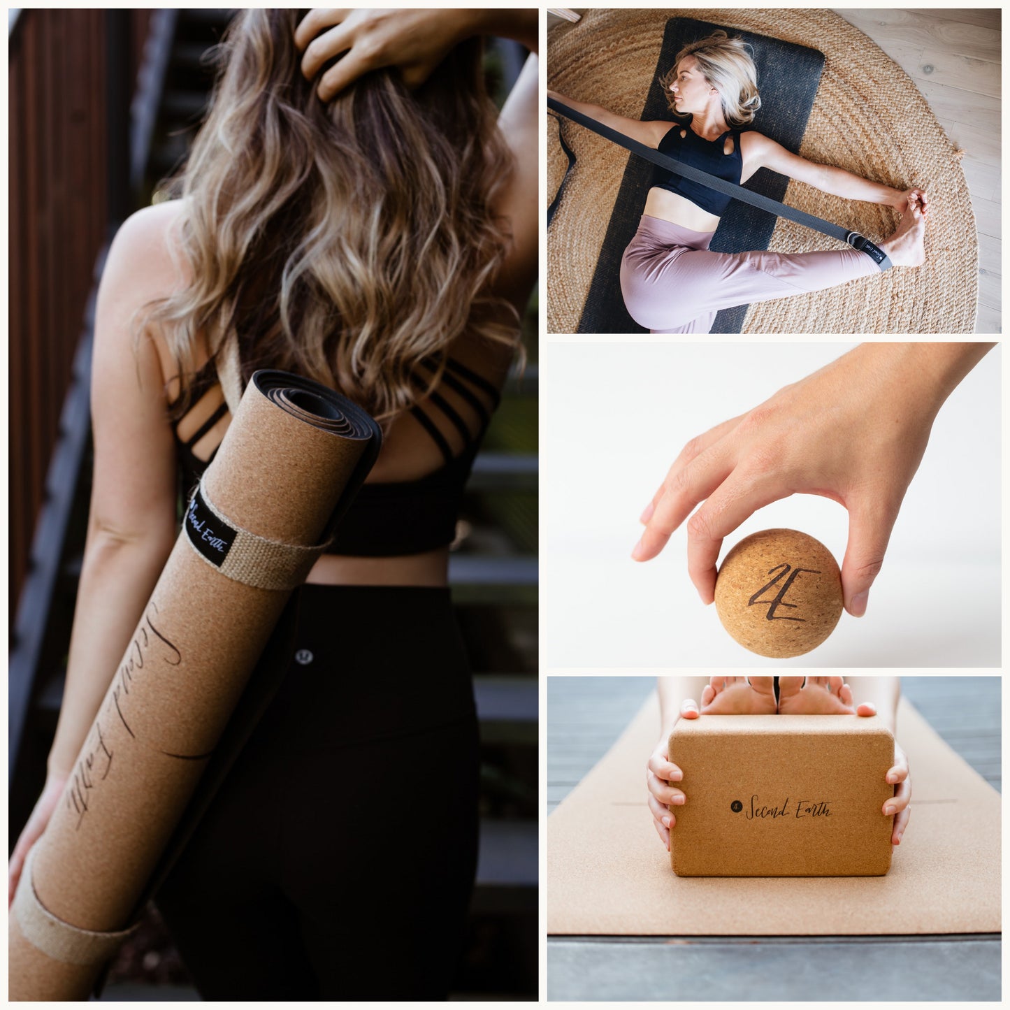 A collage showing a rolled Second Earth cork yoga mat being carrying on the shoulder of a yogi, a yoga pose on a black mat using a organic cotton yoga strap, a hand holding a round cork massage ball and a cork yoga block.