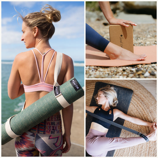 A four-panel collage showcasing a yoga accessory set in use. The left panel shows a woman from behind on a beach, carrying a rolled green yoga mat over her shoulder in a beige crossbody bag with a black Second Earth logo.